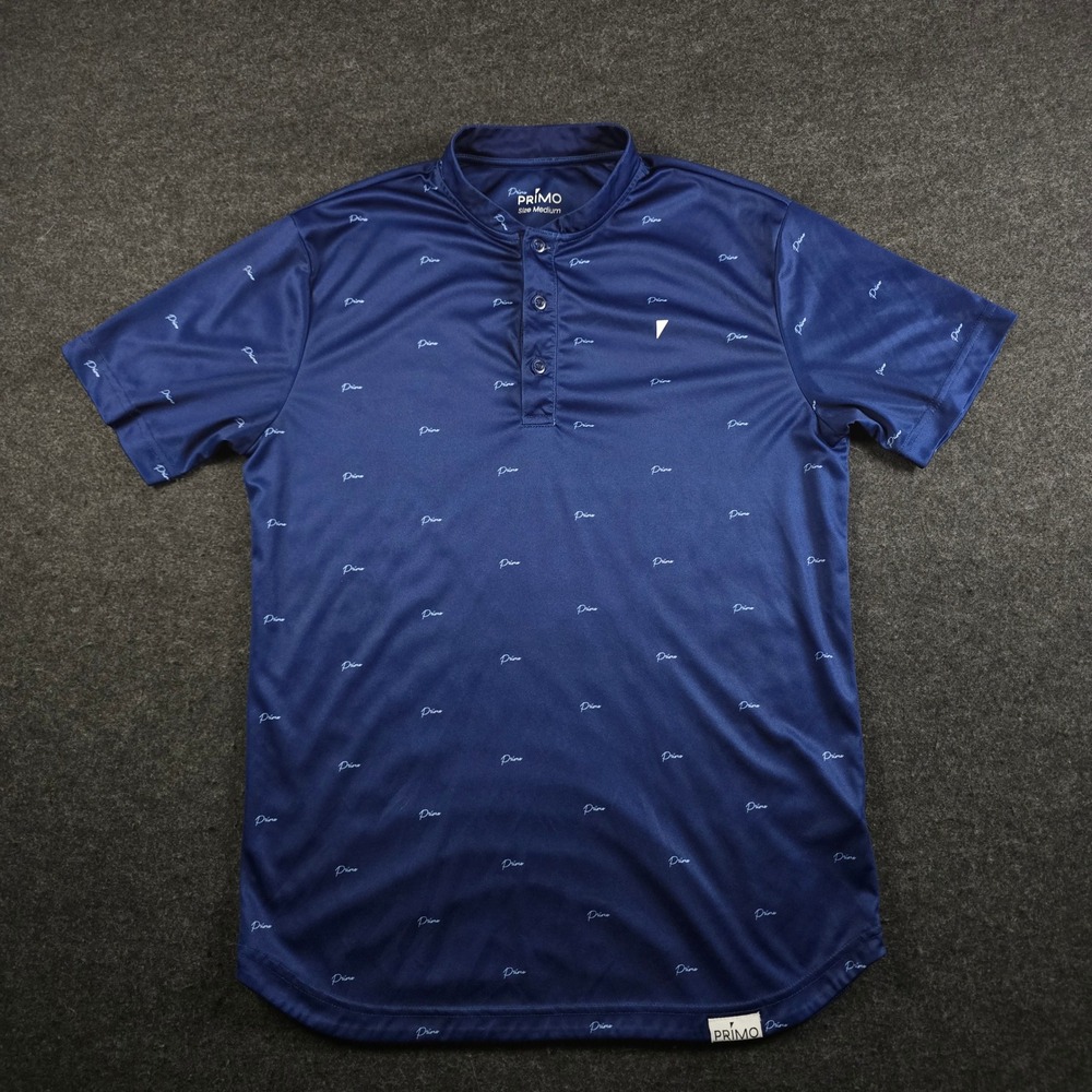 Primo Golf Navy Blue Script Logo Performance Henley Polo Shirt Men's M